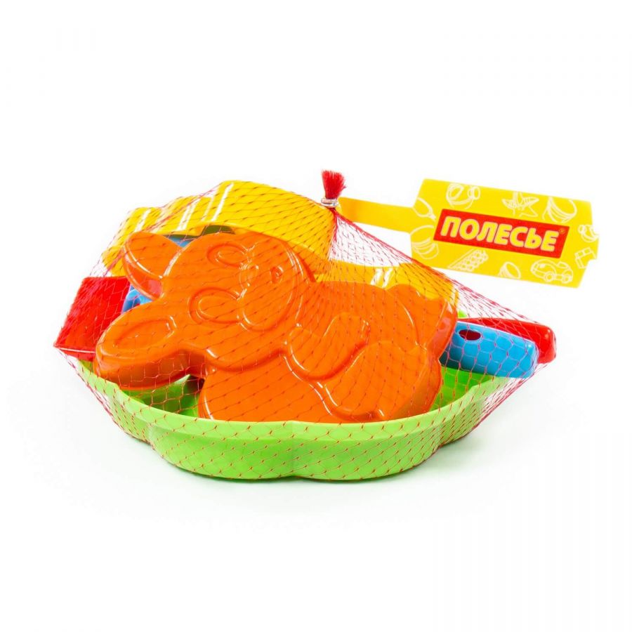 Набор №88: ситечко-цветок большое, лопатка №5, грабельки №5, формочки (белочка + пёсик)