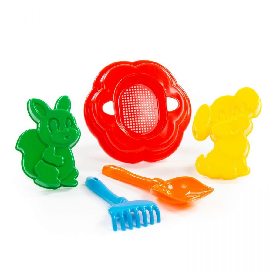 Набор №88: ситечко-цветок большое, лопатка №5, грабельки №5, формочки (белочка + пёсик)