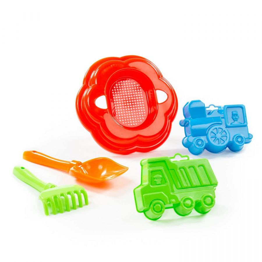 Набор №89: ситечко-цветок большое, лопатка №5, грабельки №5, формочки (самосвал + паровоз)