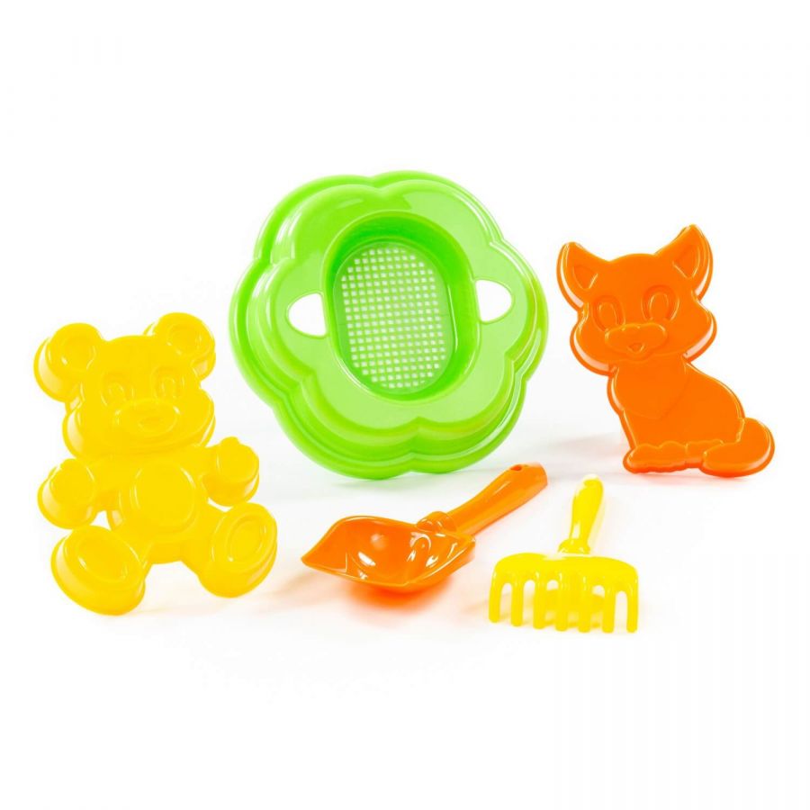 Набор №90: ситечко-цветок большое, лопатка №5, грабельки №5, формочки (котёнок + медведь)