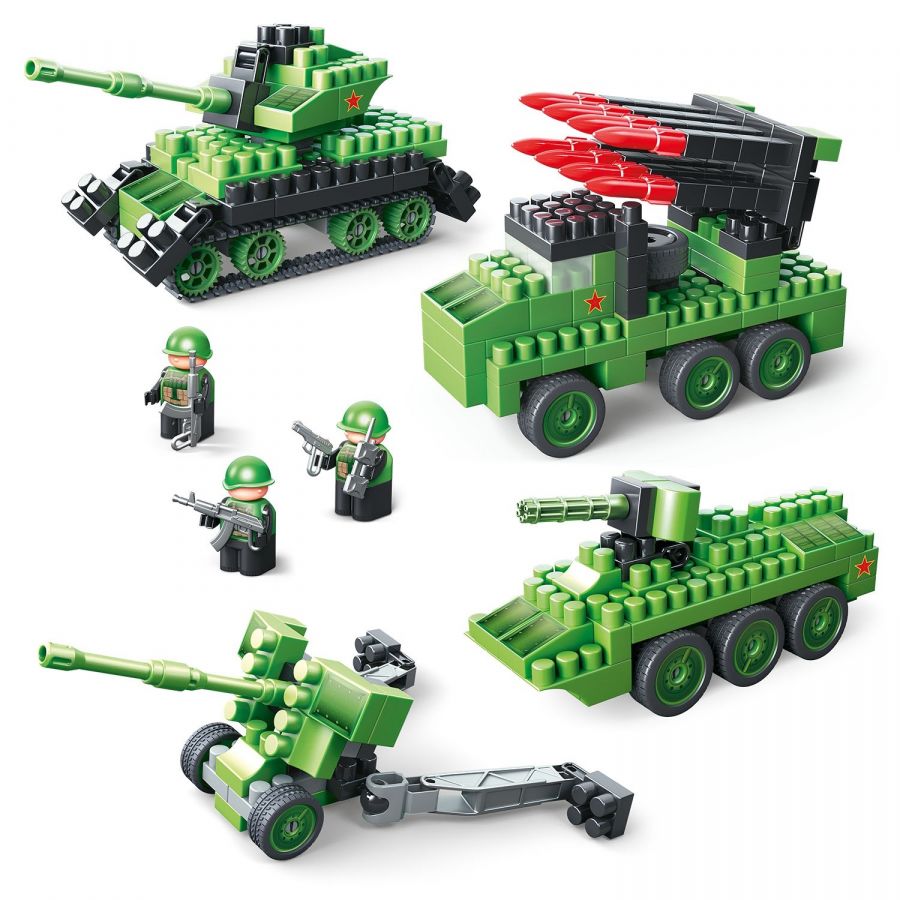 Конструктор "Армия". "Набор с танком, БТР, РСЗО и гаубицей."
