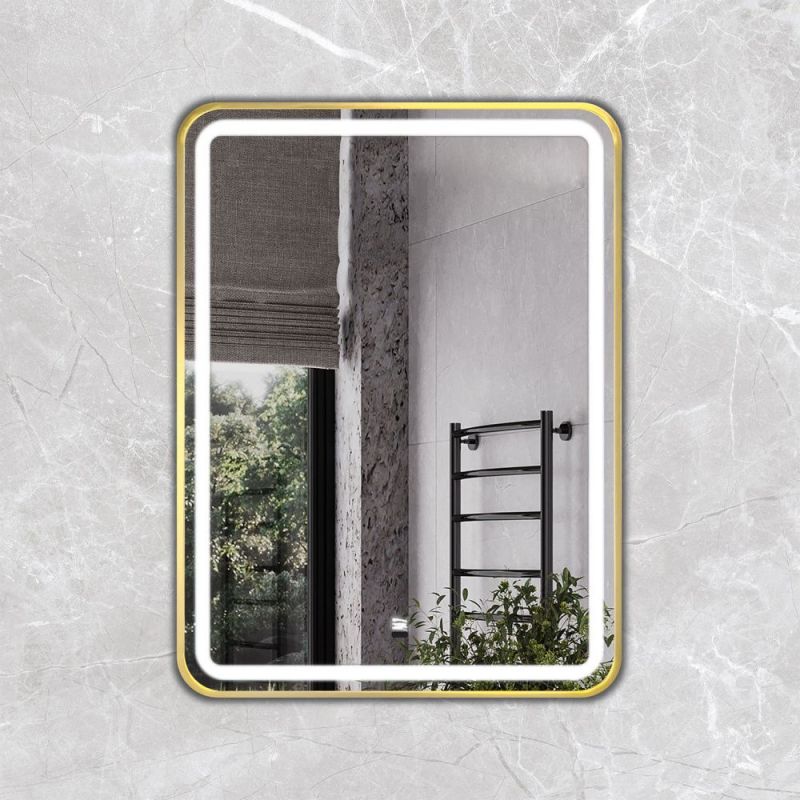 Зеркало в золотой алюминиевой раме 60 см для ванной комнаты Comforty Ситара-60, LED-подсветка, бесконтактный сенсор, антизапотевание