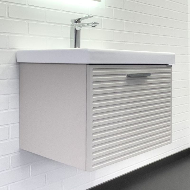 Тумба с умывальником Comforty Касабланка-60 серый шёлк с ручкой серый металлик с раковиной Moduo 60