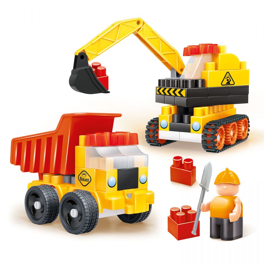 Детская развивающая игрушка-конструктор Бауер "Стройка-техника" экскаватор и грузовик