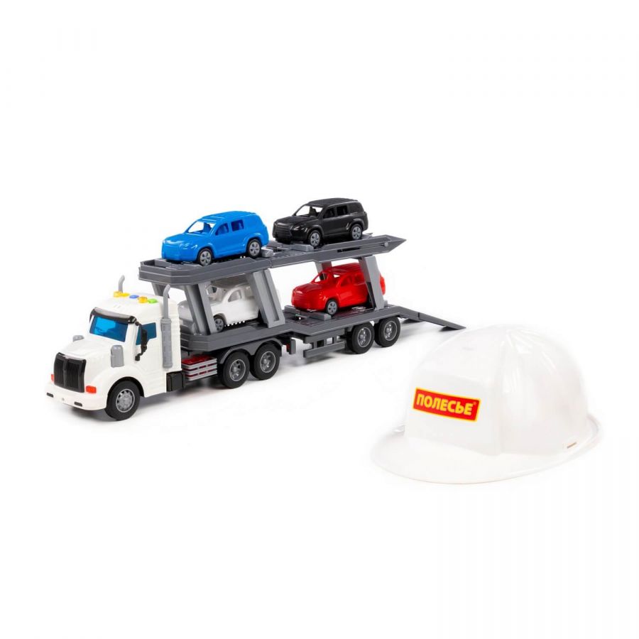 "Профи", автомобиль-тягач с полуприцепом-автовозом инерционный (со светом и звуком) + 4 автомобиля + каска (в сеточке)