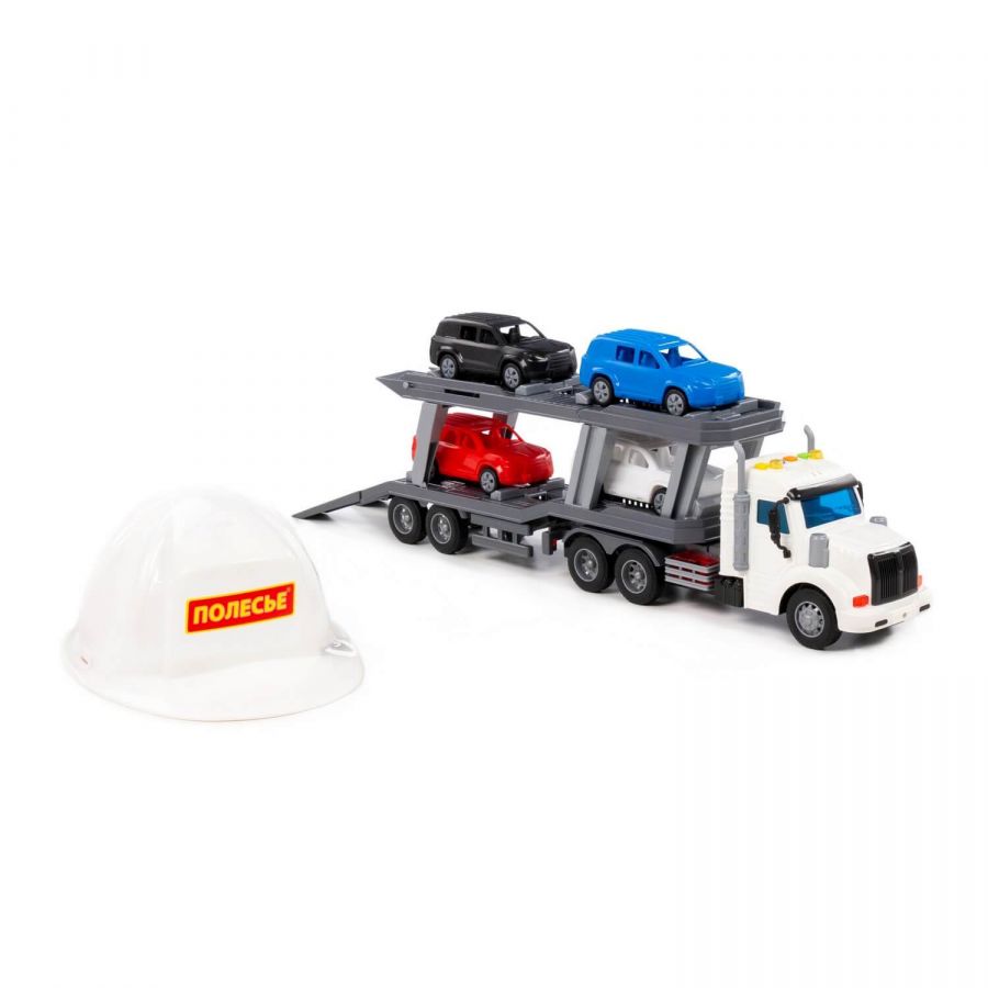 "Профи", автомобиль-тягач с полуприцепом-автовозом инерционный (со светом и звуком) + 4 автомобиля + каска (в сеточке)