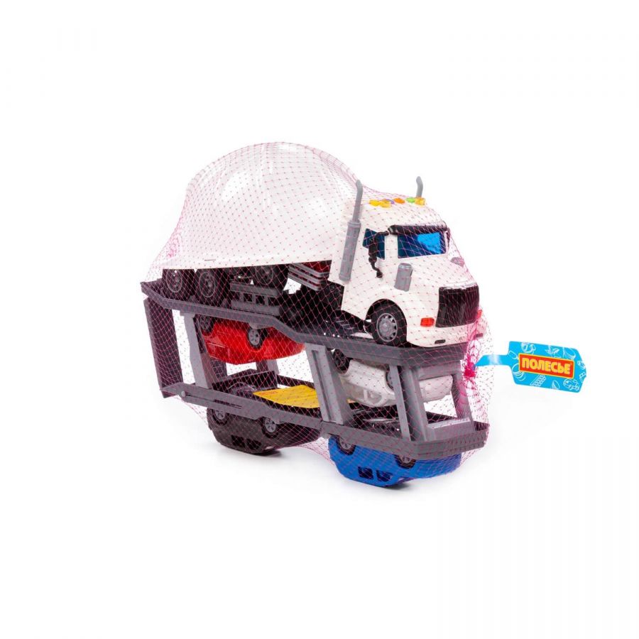 "Профи", автомобиль-тягач с полуприцепом-автовозом инерционный (со светом и звуком) + 4 автомобиля + каска (в сеточке)