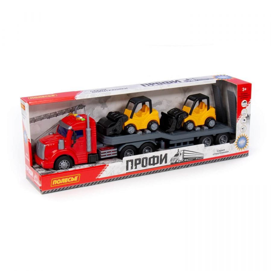 "Профи", автомобиль-трейлер инерционный (со светом и звуком) + дорожный каток "Мини" инерционный, погрузчик "Мини" инерционный (в коробке)