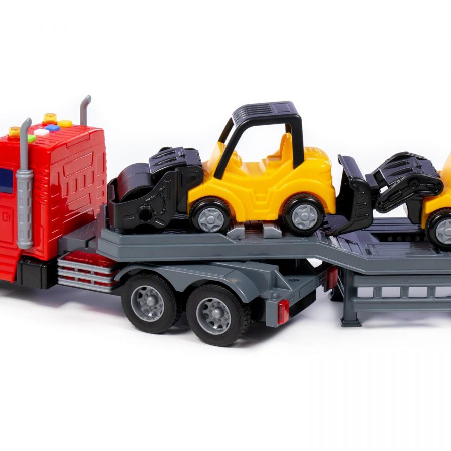 "Профи", автомобиль-трейлер инерционный (со светом и звуком) + дорожный каток "Мини" инерционный, погрузчик "Мини" инерционный (в коробке)