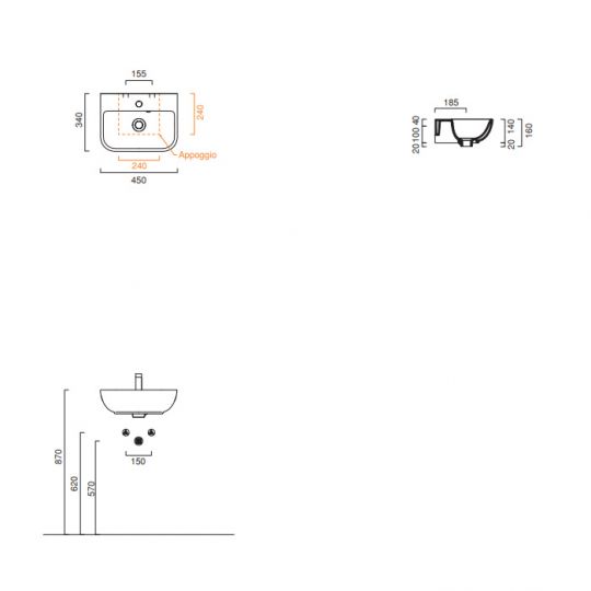 Раковина Catalano Italy 720461001 45x34 см подвесная 1 отв. цвет белый глянцевый схема 2 Раковина Catalano Italy 720461001 45x34 см подвесная 1 отв. цвет белый глянцевый схема 2