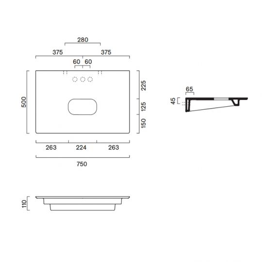 Столешница керамическая Catalano 830750021 75x50см с отверстием  цвет: белый матовый схема 2