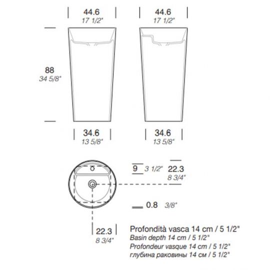 Раковина напольная NOORTH Milldue edition AZUMA 88 44х44x88 см из CRISTALPLANT слив в пол, 1 отв для смесителя, цвет белый матовый схема 2