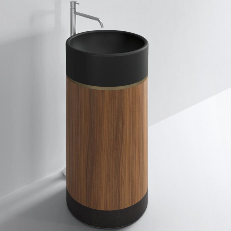 Изображение Раковина напольная NOORTH Milldue edition ROMA II 53х53x88 см слив в пол, основ Rovere nero, корп Noce Canaletto, вставк Oro раков Nero opaco