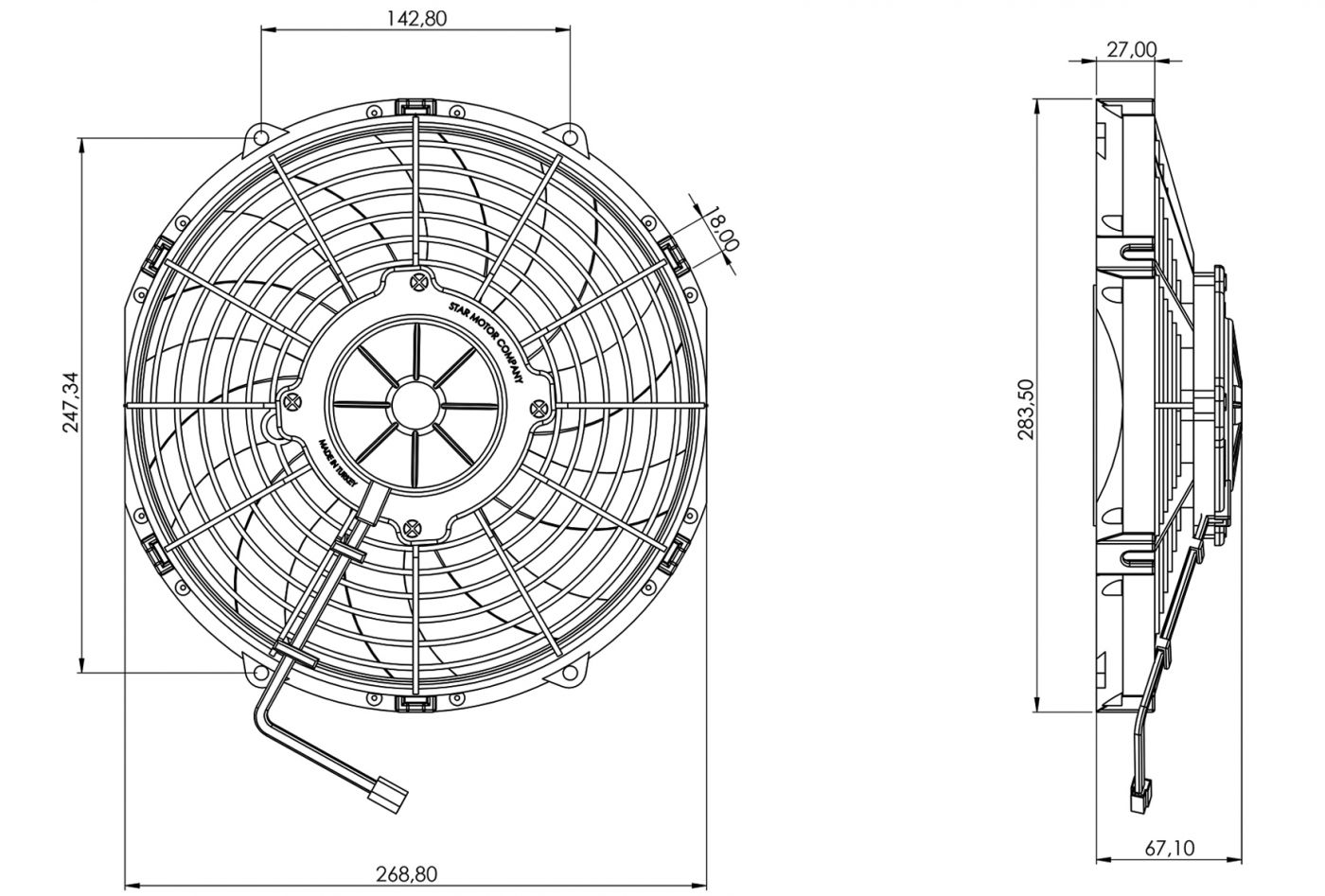 STR103 ОСЕВОЙ ВЕНТИЛЯТОР 10" ДЮЙМОВ 120 ВАТТ 12 ВОЛЬТ PUSH / ТОЛКАЮЩИЙ