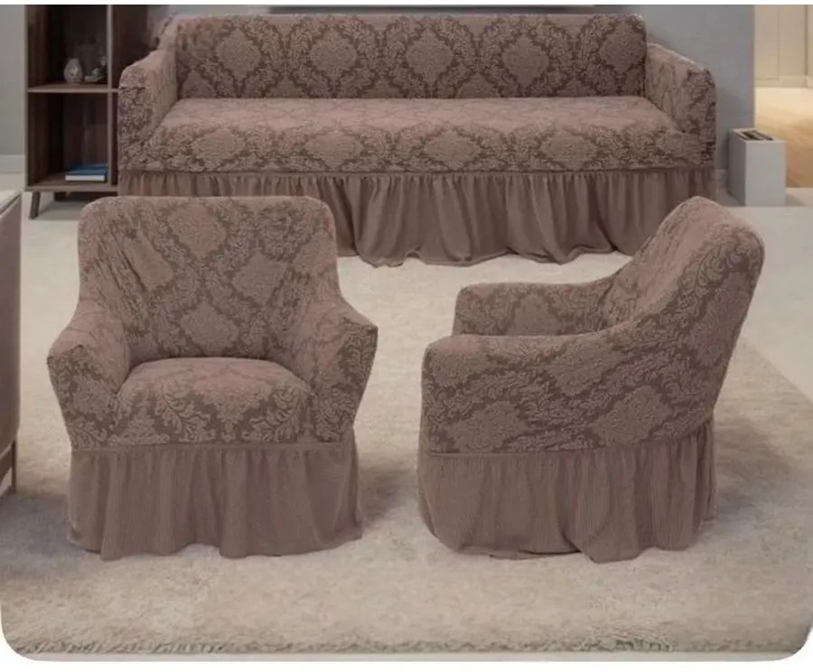 Комплект чехлов на 3-х местный диван и 2 кресла с оборкой Жаккард ,темно-бежевый