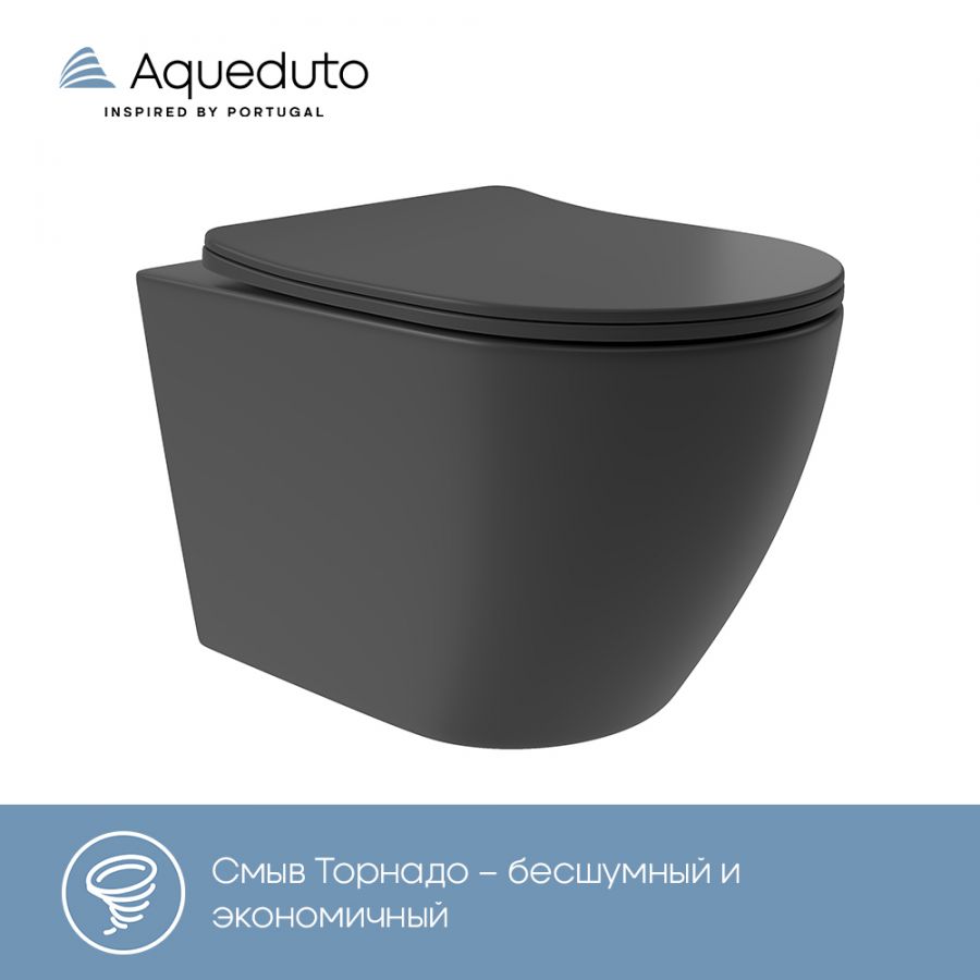 Aqueduto OVO Plus Унитаз подвесной 520*365 безободковый, Tornado, сиденье с микролифтом, Черный