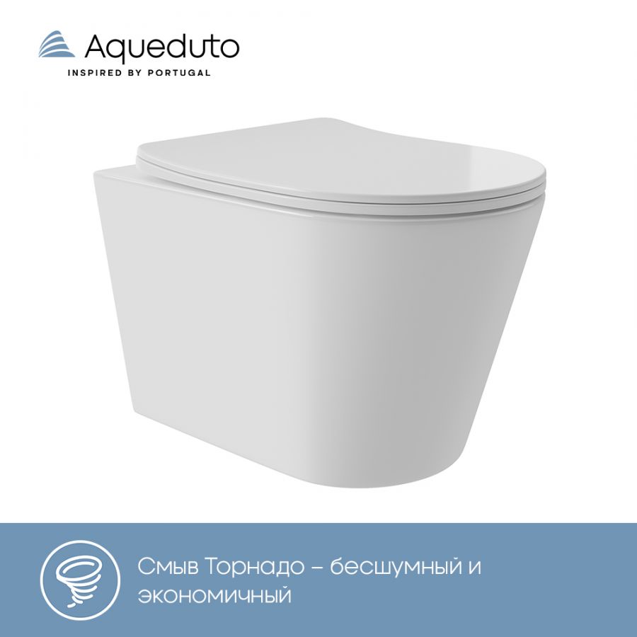 Aqueduto CONE Plus Унитаз подвесной 520*365 безободковый, Tornado, сиденье с микролифтом, белый глянцевый