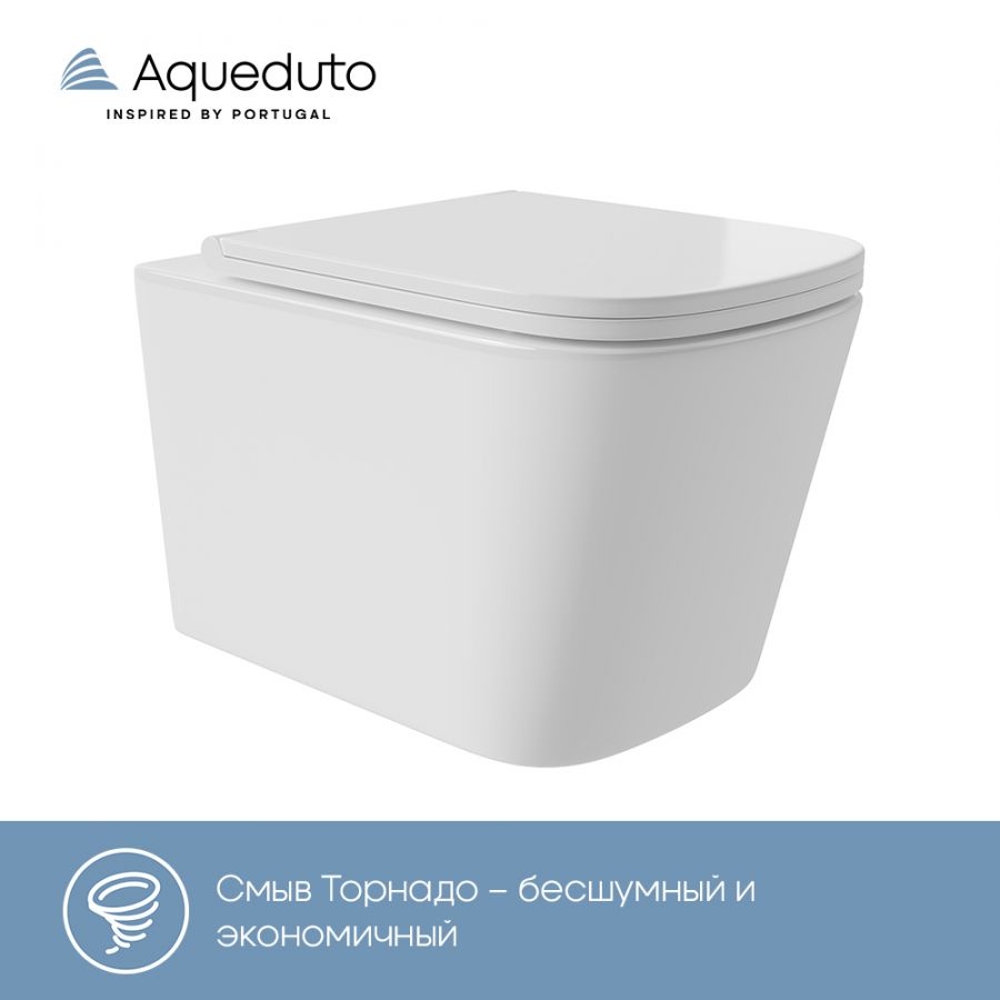 Aqueduto MACIO Plus Унитаз подвесной 525*345 безободковый, Tornado, сиденье с микролифтом, белый глянцевый