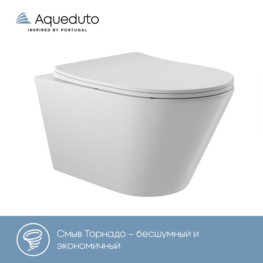 Aqueduto CONE Tornado Унитаз подвесной 525*360 безободковый, Tornado, сиденье с микролифтом, белый глянцевый