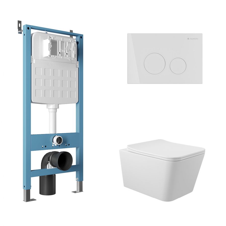 Aqueduto комплект: TECNICA Novo Система инсталляции для подвесного унитаза, CIRCULO Панель смыва, белый глянцевый, MACIO Унитаз подвесной 520*370 безободковый, сиденье с микролифтом, белый глянцевый