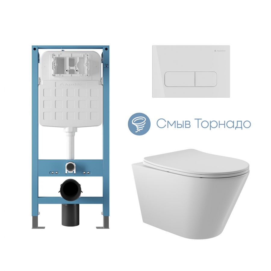 Aqueduto комплект: TECNICA Novo Система инсталляции для подвесного унитаза, FORMA Панель смыва, белый глянцевый, CONE Tornado Унитаз подвесной 525*360 безободковый, Tornado, сиденье с микролифтом, белый глянцевый