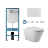 Aqueduto комплект: TECNICA Novo Система инсталляции для подвесного унитаза, FORMA Панель смыва, белый глянцевый, CONE Tornado Унитаз подвесной 525*360 безободковый, Tornado, сиденье с микролифтом, белый глянцевый