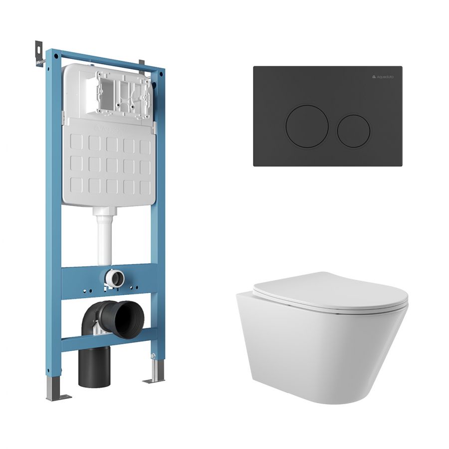 Aqueduto комплект: TECNICA Novo Система инсталляции для подвесного унитаза, CIRCULO Панель смыва, черный матовый, CONE Унитаз подвесной 525*360 безободковый, сиденье с микролифтом, белый глянцевый