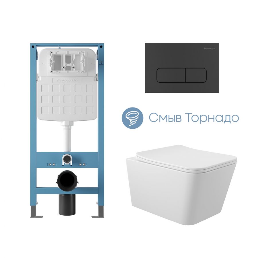 Aqueduto комплект: TECNICA Novo Система инсталляции для подвесного унитаза, FORMA Панель смыва, черный матовый, MACIO Tornado Унитаз подвесной 520*370 безободковый, Tornado, сиденье с микролифтом, белый глянцевый