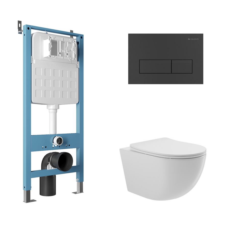 Aqueduto комплект:  TECNICA Novo Система инсталляции для подвесного унитаза, RETANGULO Novo, Панель смыва, черный матовый,OVO Унитаз подвесной 525*360 безободковый, сиденье с микролифтом, белый глянцевый