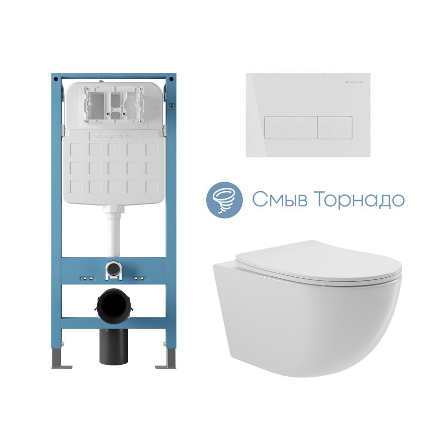 Aqueduto комплект: TECNICA Novo Система инсталляции для подвесного унитаза, RETANGULO Novo, Панель смыва, белый глянцевый, OVO Tornado Унитаз подвесной 525*360 безободковый, Tornado, сиденье с микролифтом, белый глянцевый