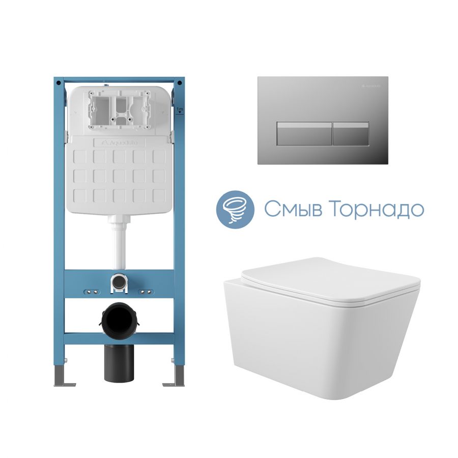 Aqueduto комплект: TECNICA Novo Система инсталляции для подвесного унитаза, RETANGULO Novo, Панель смыва, хром, MACIO Tornado Унитаз подвесной 520*370 безободковый, Tornado, сиденье с микролифтом, белый глянцевый