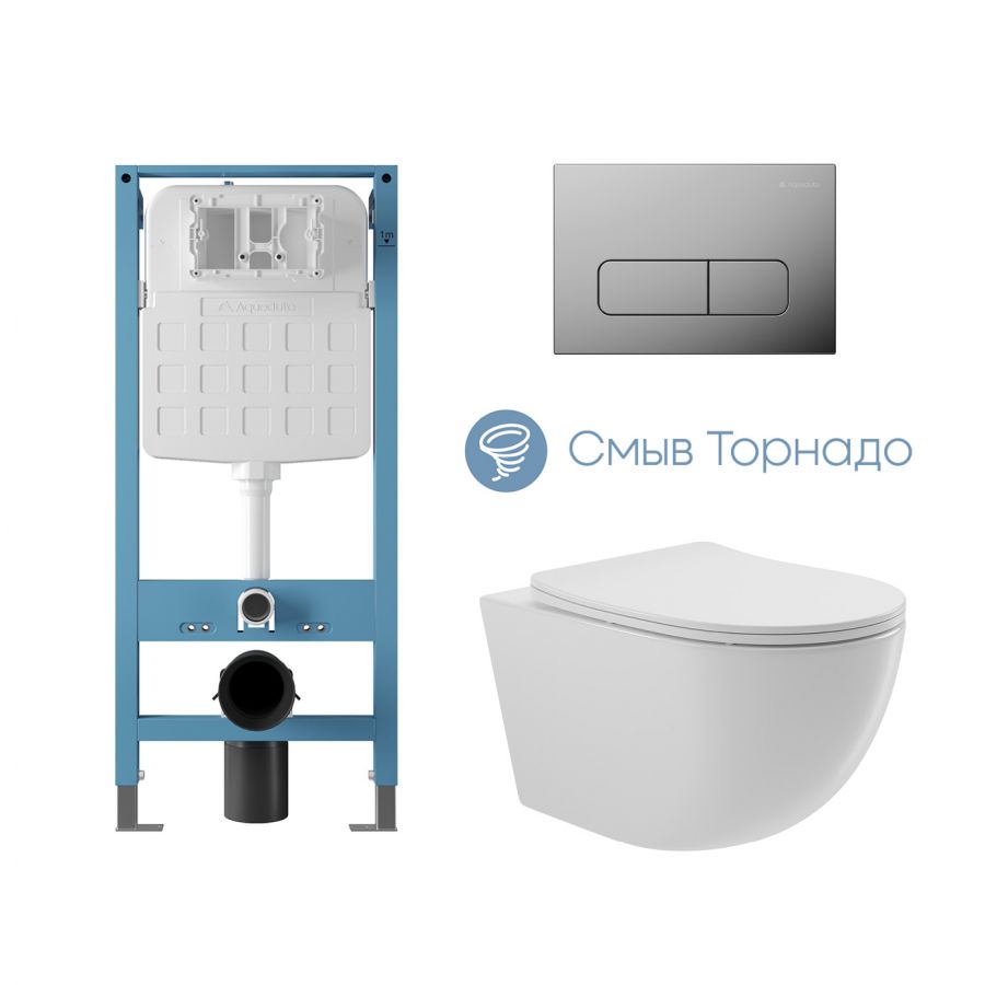 Aqueduto комплект: TECNICA Novo Система инсталляции для подвесного унитаза, FORMA Панель смыва, хром, OVO Tornado Унитаз подвесной 525*360 безободковый, Tornado, сиденье с микролифтом, белый глянцевый