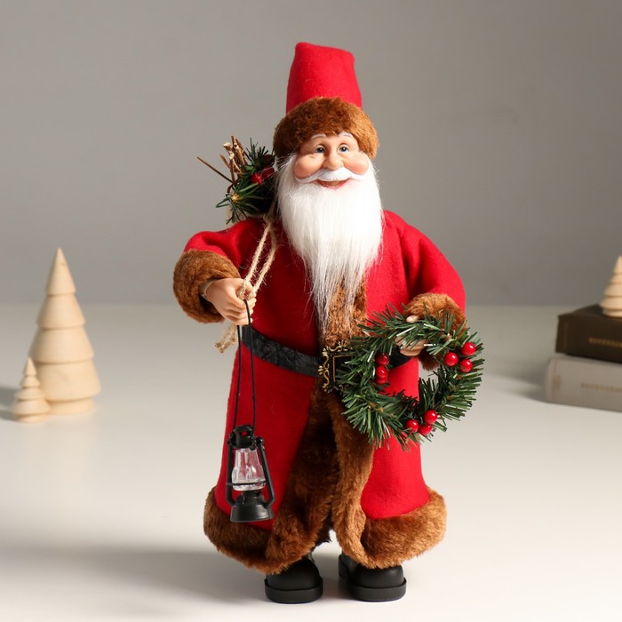 Интерьерная кукла текстильная «Дед Мороз с подарками, веночком и фонариком», 37 см