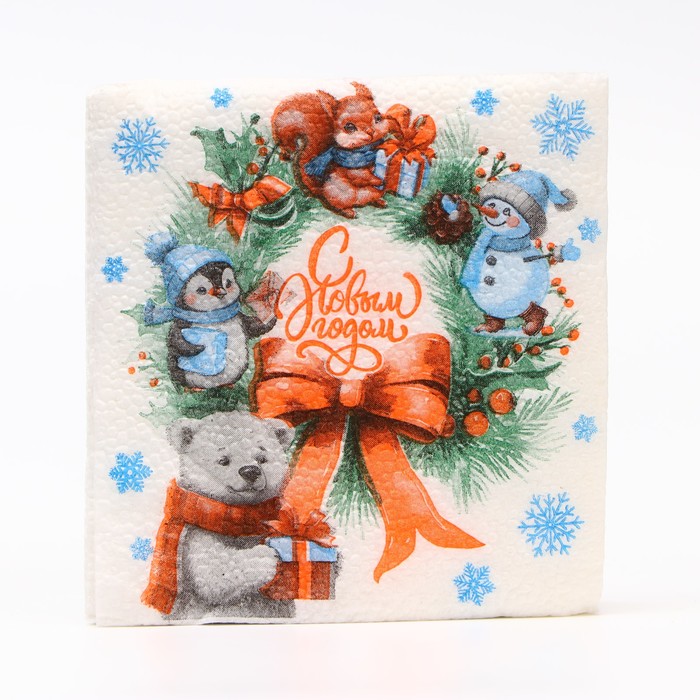 Салфетки новогодние бумажные «Рождественский Венок» 1 слой, 24×24 см, 100 шт.