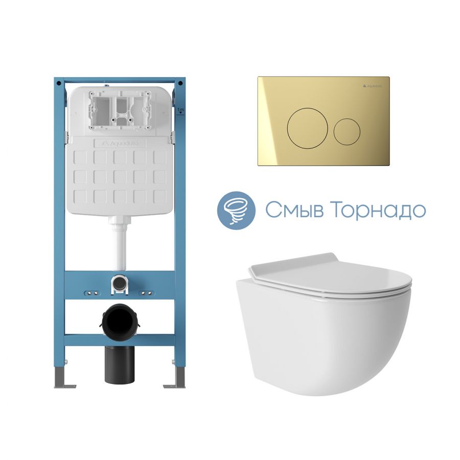 Aqueduto комплект: TECNICA Novo Система инсталляции для подвесного унитаза, CIRCULO Novo Панель смыва, Золото, OVO Tornado S Унитаз подвесной 480*360 безободковый, Tornado, сиденье с микролифтом, белый глянцевый