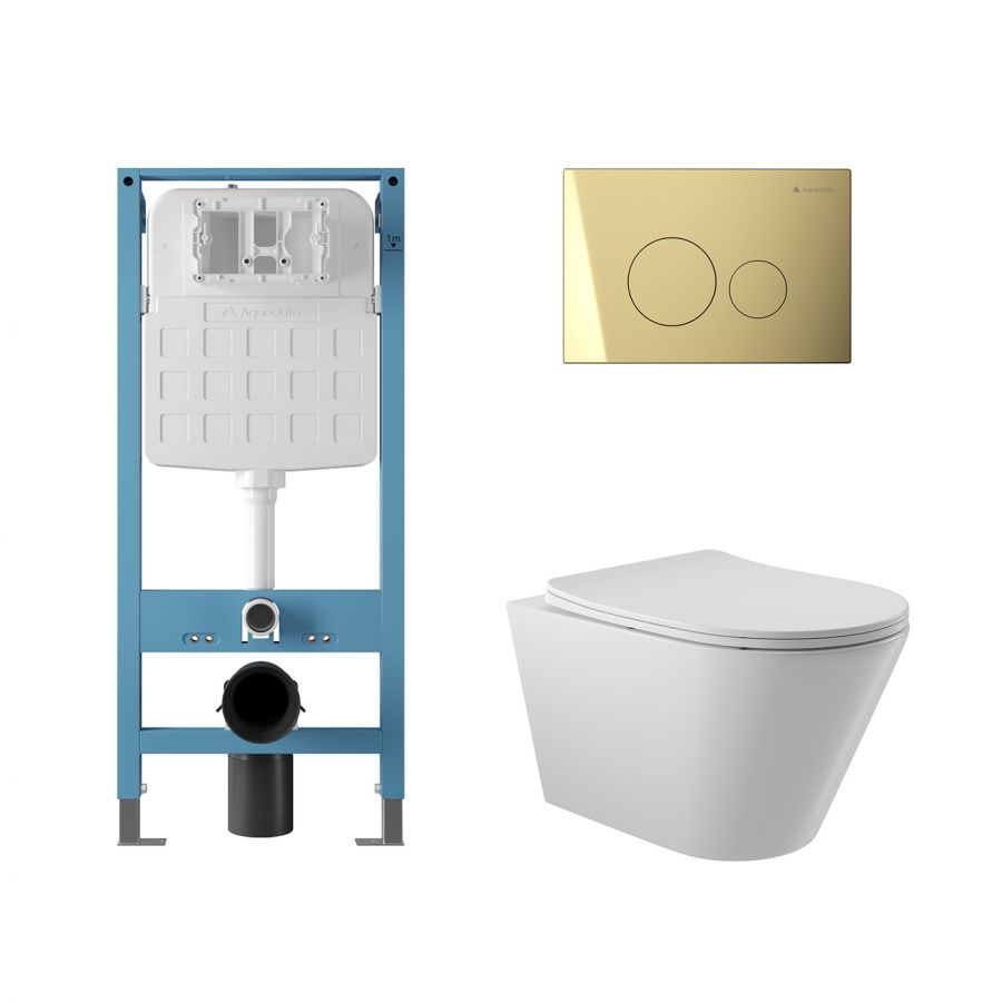 Aqueduto комплект: TECNICA Novo Система инсталляции для подвесного унитаза, CIRCULO Novo Панель смыва, Золото, CONE Унитаз подвесной 525*360 безободковый, сиденье с микролифтом, белый глянцевый