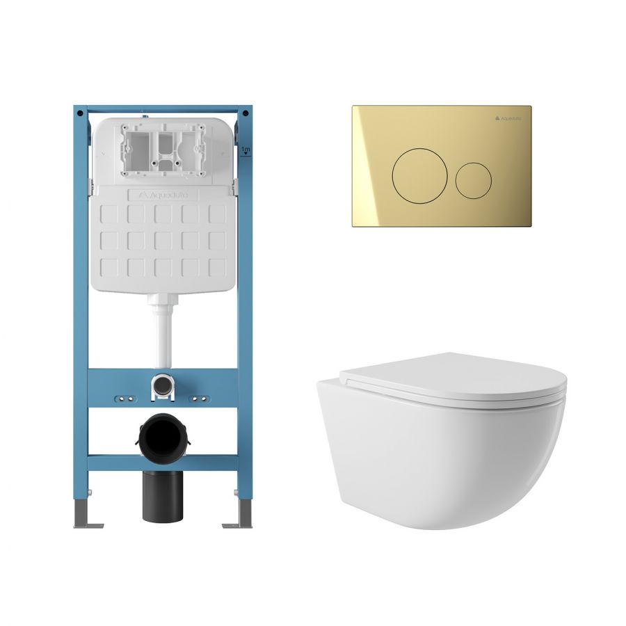 Aqueduto комплект: TECNICA Novo Система инсталляции для подвесного унитаза, CIRCULO Novo Панель смыва, Золото, OVO Унитаз подвесной 525*360 безободковый, сиденье с микролифтом, белый глянцевый