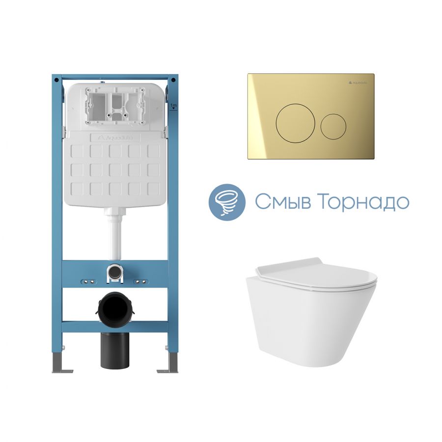 Aqueduto комплект: TECNICA Novo Система инсталляции для подвесного унитаза, CIRCULO Novo Панель смыва, Золото, CONE Tornado S Унитаз подвесной 480*360 безободковый, Tornado, сиденье с микролифтом, белый глянцевый