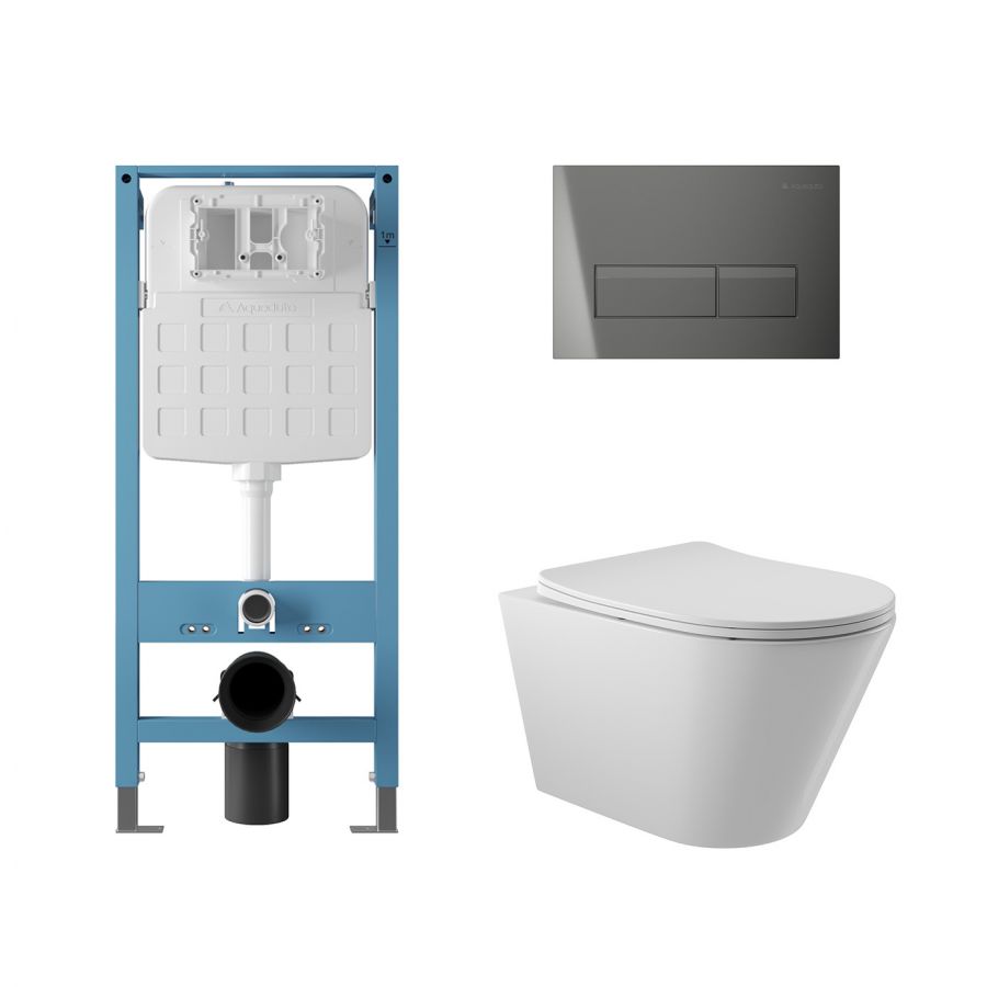 Aqueduto комплект: TECNICA Novo Система инсталляции для подвесного унитаза, RETANGULO Novo Панель смыва, Gun Metal, CONE Унитаз подвесной 525*360 безободковый, сиденье с микролифтом, белый глянцевый