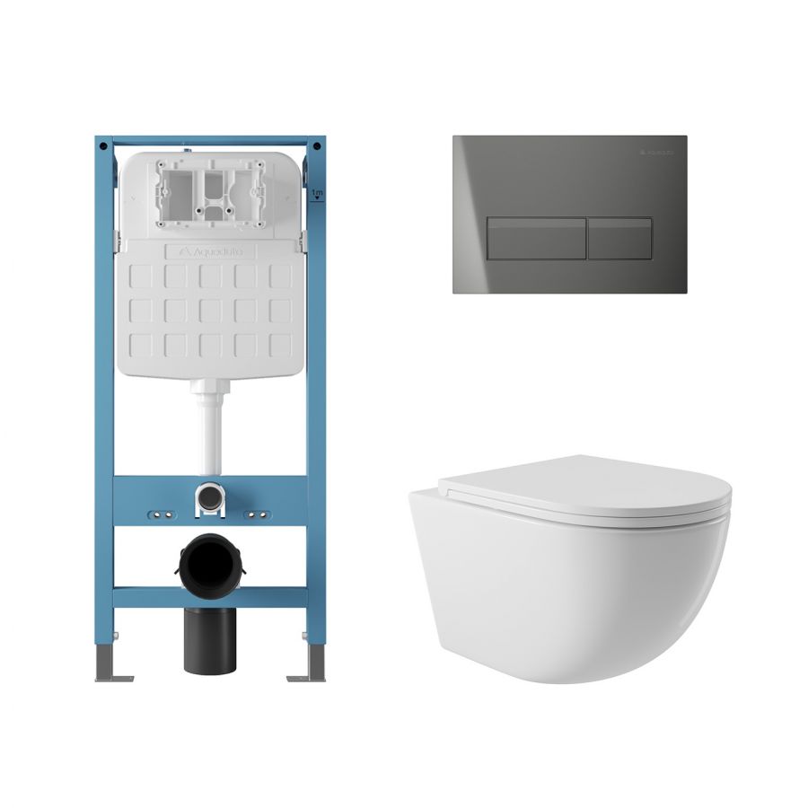Aqueduto комплект: TECNICA Novo Система инсталляции для подвесного унитаза, RETANGULO Novo Панель смыва, Gun Metal, OVO Унитаз подвесной 525*360 безободковый, сиденье с микролифтом, белый глянцевый