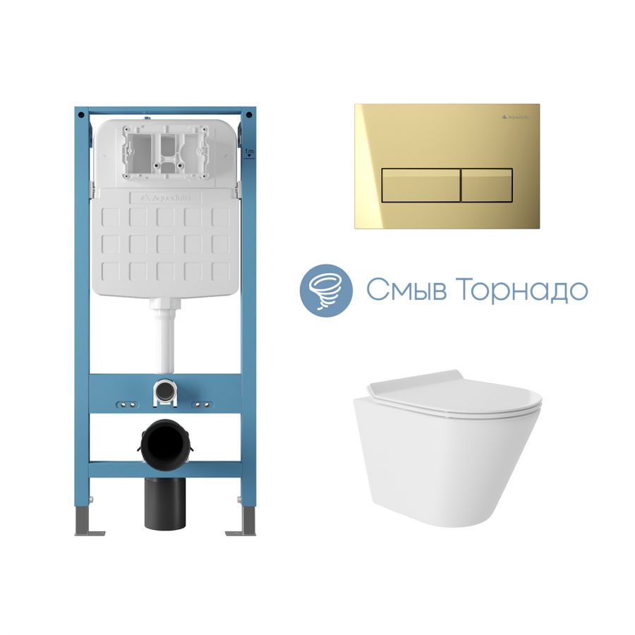 Aqueduto комплект: TECNICA Novo Система инсталляции для подвесного унитаза, RETANGULO Novo Панель смыва, Золото, CONE Tornado S Унитаз подвесной 480*360 безободковый, Tornado, сиденье с микролифтом, белый глянцевый