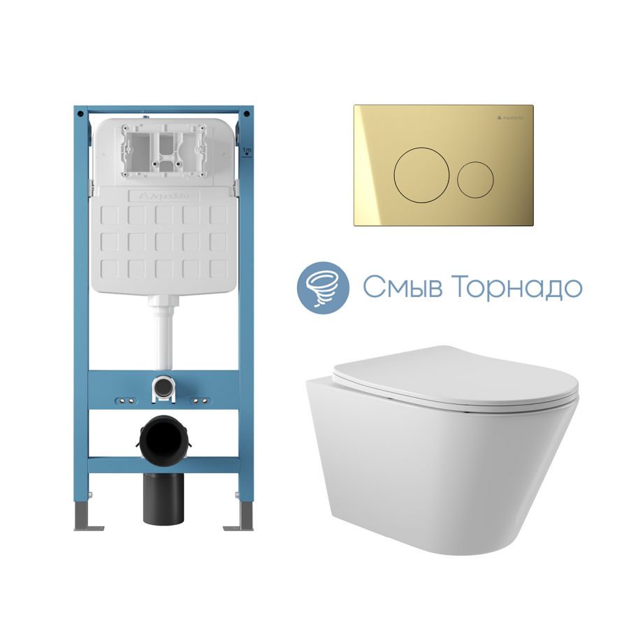 Aqueduto комплект: TECNICA Novo Система инсталляции для подвесного унитаза, CIRCULO Novo Панель смыва, Золото, CONE Tornado Унитаз подвесной 525*360 безободковый, Tornado, сиденье с микролифтом, белый глянцевый
