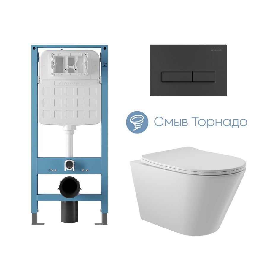 Aqueduto комплект: TECNICA Novo Система инсталляции для подвесного унитаза, RETANGULO Панель смыва, черный матовый, CONE Tornado Унитаз подвесной 525*360 безободковый, Tornado, сиденье с микролифтом, белый глянцевый