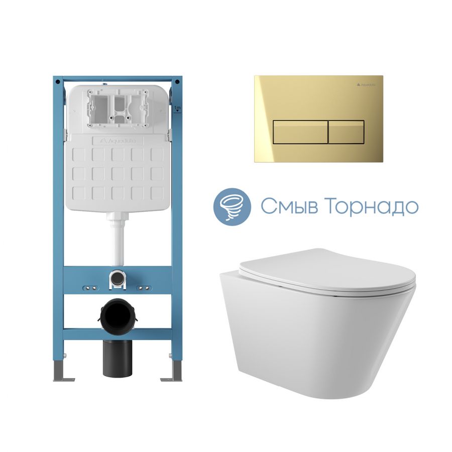 Aqueduto комплект: TECNICA Novo Система инсталляции для подвесного унитаза, RETANGULO Novo Панель смыва, Золото, CONE Tornado Унитаз подвесной 525*360 безободковый, Tornado, сиденье с микролифтом, белый глянцевый