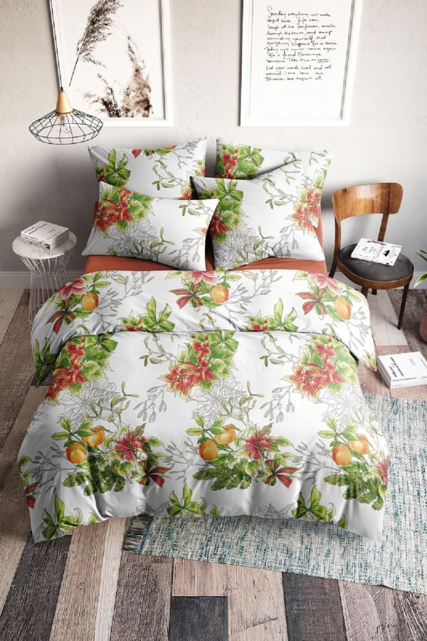 Поплин 2-х спальный с евро [терракот] Новогодний букет простыня на резинке постельное белье