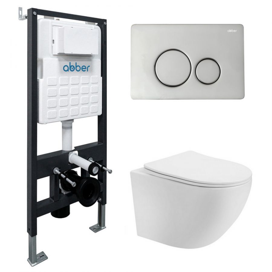 Комплект подвесной унитаз ABBER Bequem AC1100T белый с инсталляцией AC0105 и кнопкой AC0121 хром