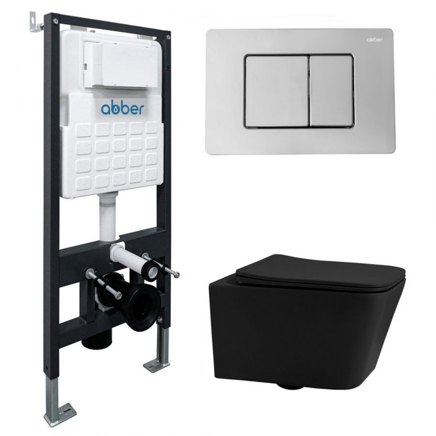 Комплект подвесной унитаз ABBER Rechteck AC1201MB черный матовый с инсталляцией AC0105 и кнопкой AC0120 хром