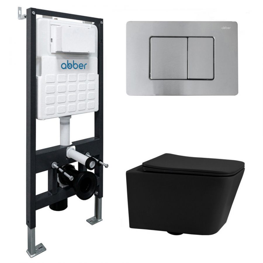 Комплект подвесной унитаз ABBER Rechteck AC1201MB черный матовый с инсталляцией AC0105 и кнопкой AC0120MCH матовый хром
