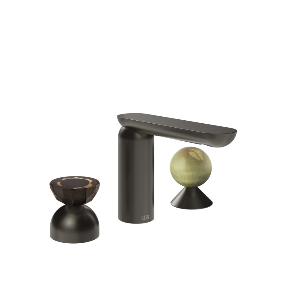 Смеситель для раковины Gessi Perle 74858 без донного клапана с вентилем-полусферой из муранского стекла Battuto и вентилем-сферой из камня Onyx Green
