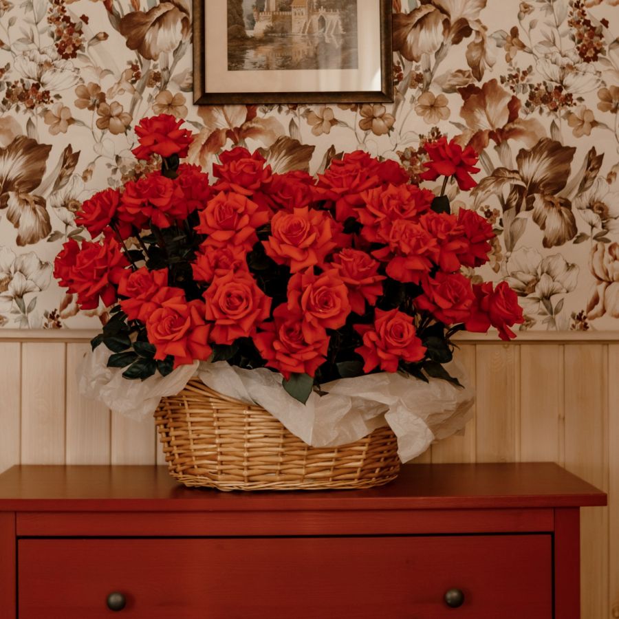 51 алая Французская роза в корзине